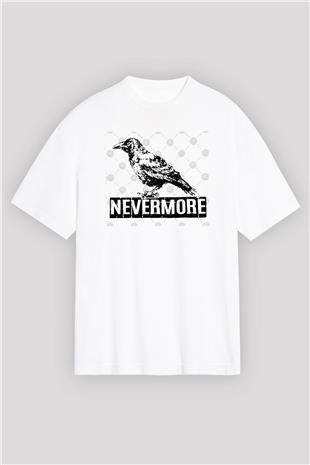 Nevermore Baskılı Beyaz Unisex Oversize Tişört - Tshirt