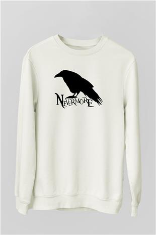 Nevermore Baskılı Beyaz Unisex Sweatshirt