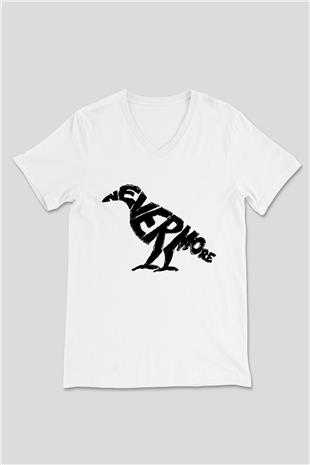 Nevermore Baskılı Beyaz Unisex V Yaka Tişört - Tshirt