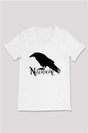 Nevermore Baskılı Beyaz Unisex V Yaka Tişört - Tshirt