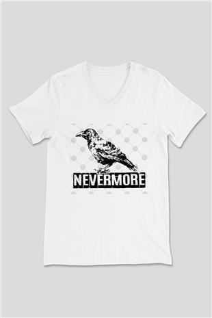 Nevermore Baskılı Beyaz Unisex V Yaka Tişört - Tshirt