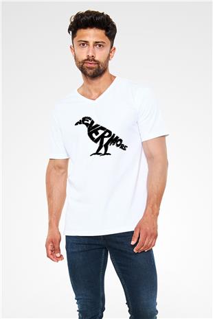 Nevermore Baskılı Beyaz Unisex V Yaka Tişört - Tshirt