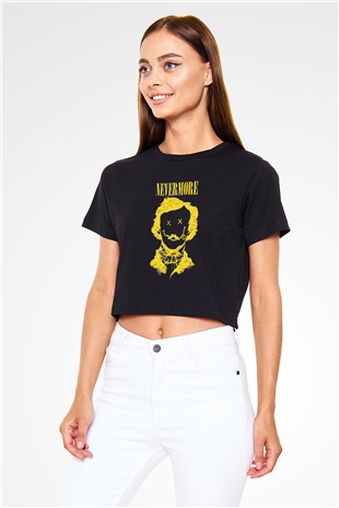 Nevermore Baskılı Siyah Crop Top Kadın Tişört - Tshirt