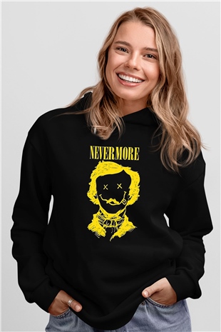 Nevermore Baskılı Unisex Siyah Kapüşonlu Sweatshirt