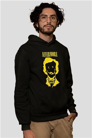 Nevermore Baskılı Unisex Siyah Kapüşonlu Sweatshirt