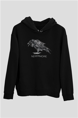 Nevermore Baskılı Unisex Siyah Kapüşonlu Sweatshirt