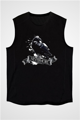 Nevermore Baskılı Unisex Siyah Kolsuz Tişört - Tshirt