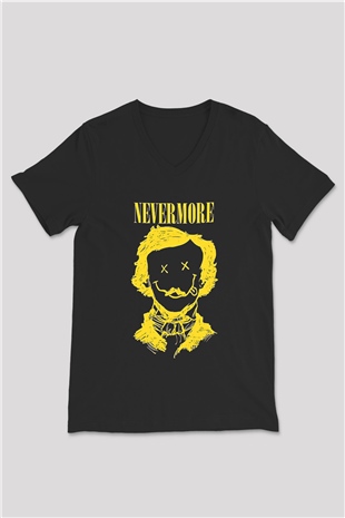 Nevermore Baskılı Unisex Siyah V Yaka Tişört - Tshirt