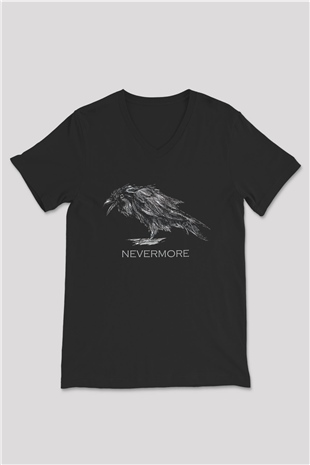Nevermore Baskılı Unisex Siyah V Yaka Tişört - Tshirt