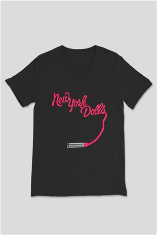 New York Dolls Siyah Unisex V Yaka Tişört T-Shirt