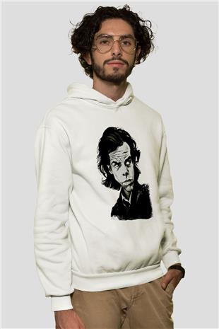 Nick Cave Baskılı Beyaz Unisex Kapüşonlu Sweatshirt