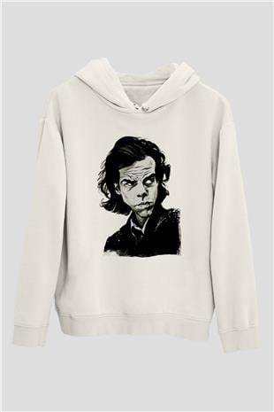 Nick Cave Baskılı Beyaz Unisex Kapüşonlu Sweatshirt