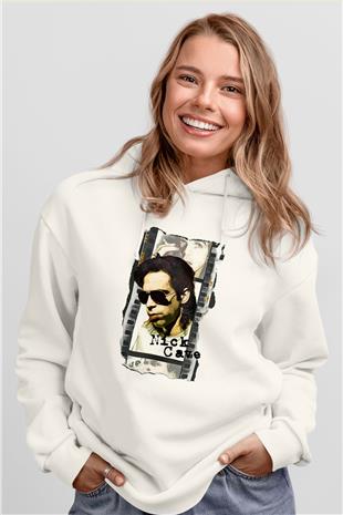Nick Cave Baskılı Beyaz Unisex Kapüşonlu Sweatshirt