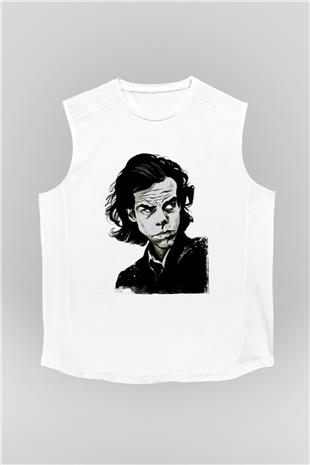 Nick Cave Baskılı Beyaz Unisex Kolsuz Tişört - Tshirt