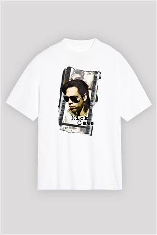 Nick Cave Baskılı Beyaz Unisex Oversize Tişört - Tshirt
