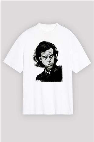 Nick Cave Baskılı Beyaz Unisex Oversize Tişört - Tshirt