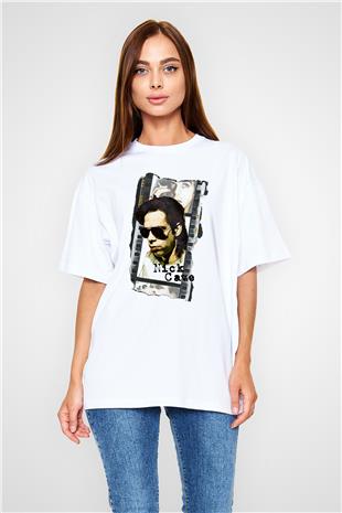 Nick Cave Baskılı Beyaz Unisex Oversize Tişört - Tshirt