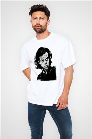 Nick Cave Baskılı Beyaz Unisex Oversize Tişört - Tshirt