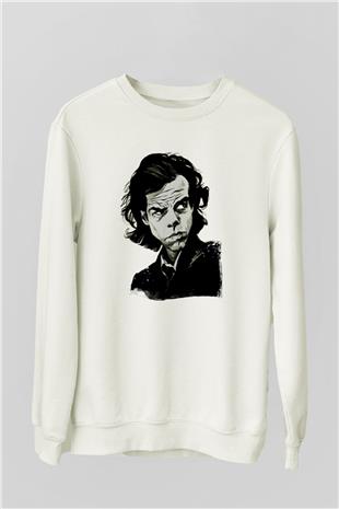 Nick Cave Baskılı Beyaz Unisex Sweatshirt