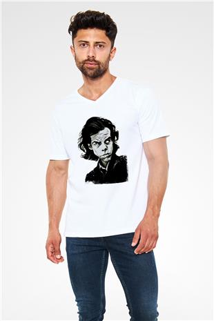 Nick Cave Baskılı Beyaz Unisex V Yaka Tişört - Tshirt
