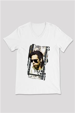 Nick Cave Baskılı Beyaz Unisex V Yaka Tişört - Tshirt
