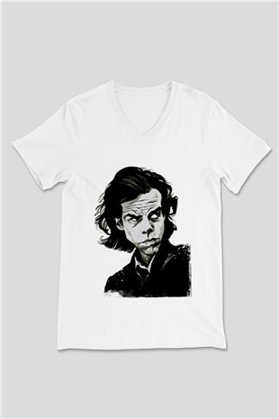 Nick Cave Baskılı Beyaz Unisex V Yaka Tişört - Tshirt