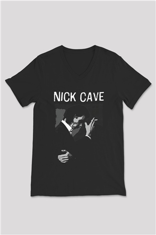 Nick Cave Baskılı Unisex Siyah V Yaka Tişört - Tshirt
