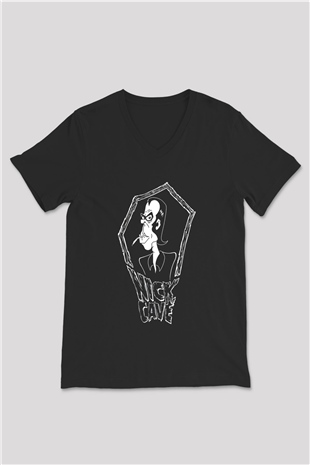 Nick Cave Baskılı Unisex Siyah V Yaka Tişört - Tshirt