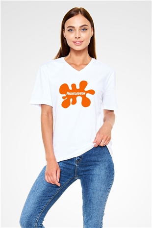 Nickelodeon Beyaz Unisex V Yaka Tişört