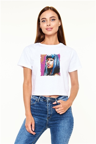 Nicki Minaj Baskılı Beyaz Kadın Crop Top Tişört