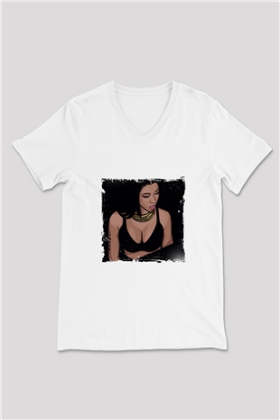 Nicki Minaj Baskılı Beyaz V Yaka Unisex Tişört