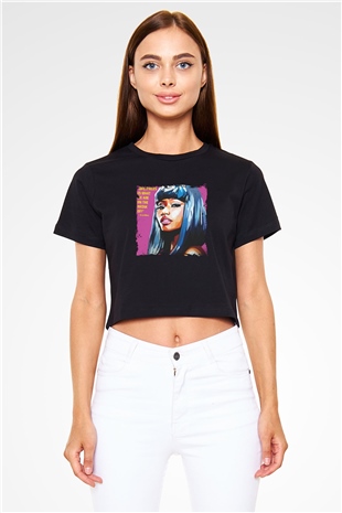 Nicki Minaj Baskılı Crop Top Siyah Kadın Tişört