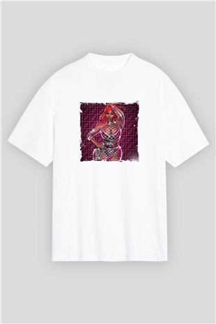 Nicki Minaj Baskılı Oversize Beyaz Tişört
