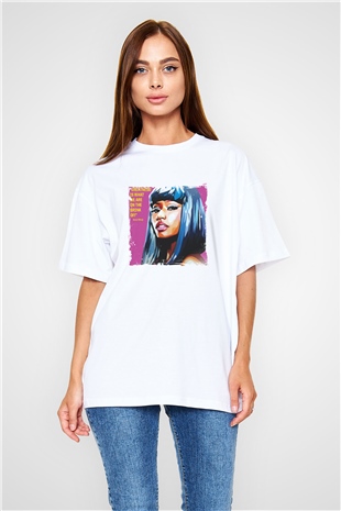 Nicki Minaj Baskılı Oversize Beyaz Tişört