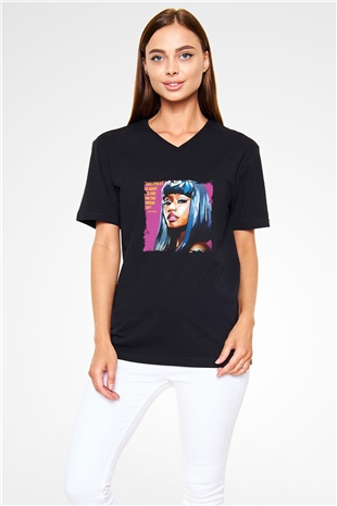 Nicki Minaj Baskılı Unisex Siyah V Yaka Tişört
