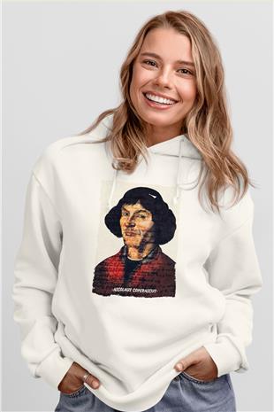 Nicolaus Copernicus Baskılı Unisex Ekru Hoodie