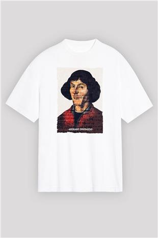 Nicolaus Copernicus Baskılı Unisex Oversize Beyaz Tişört - Tshirt