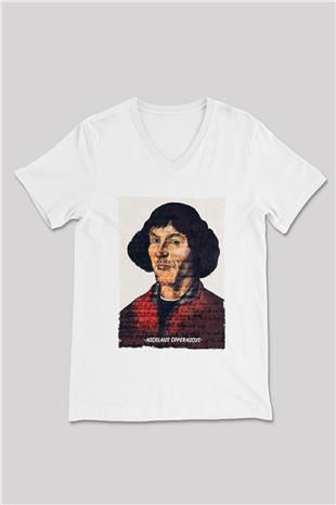 Nicolaus Copernicus Baskılı Unisex V Yaka Beyaz Tişört - Tshirt