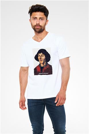 Nicolaus Copernicus Baskılı Unisex V Yaka Beyaz Tişört - Tshirt