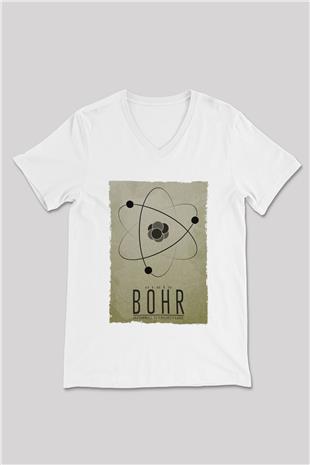Niehls Bohr Atom Baskılı Unisex V Yaka Beyaz Tişört - Tshirt