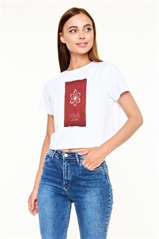 Niels Bohr Atom Modeli Baskılı Kadın Crop Top Beyaz Tişört