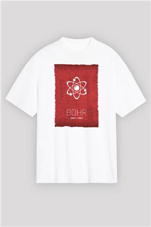 Niels Bohr Atom Modeli Baskılı Unisex Oversize Beyaz Tişört - Tshirt