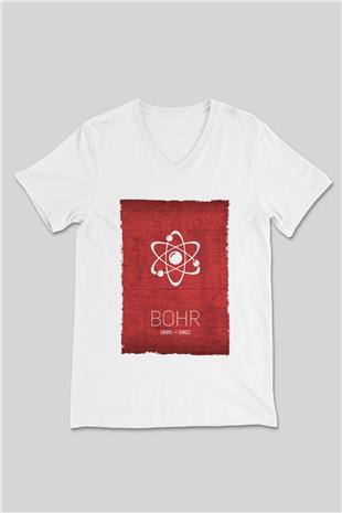 Niels Bohr Atom Modeli Baskılı Unisex V Yaka Beyaz Tişört - Tshirt
