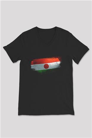 Nijer - Niger Bayrağı Baskılı Unisex Siyah V Yaka Tişört