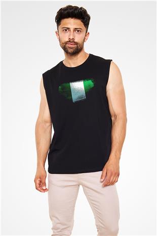 Nijerya - Nigeria Bayrağı Baskılı Unisex Siyah Kolsuz Tişört
