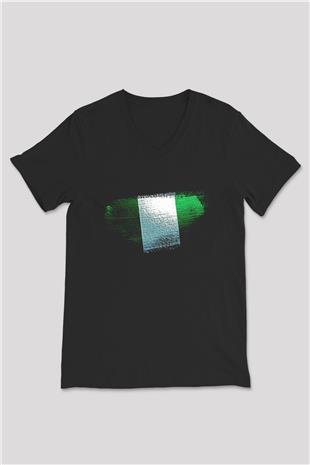 Nijerya - Nigeria Bayrağı Baskılı Unisex Siyah V Yaka Tişört