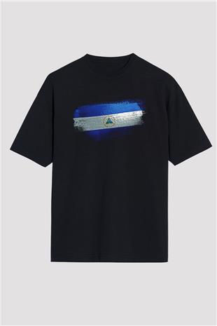 Nikaragua - Nicaragua Bayrağı Baskılı Unisex Siyah Oversize Tişört