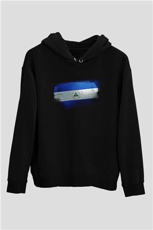 Nikaragua - Nicaragua Bayrağı Baskılı Unisex Siyah Kapüşonlu Sweatshirt
