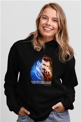 Nikola Tesla Alıntı Baskılı Unisex Siyah Kapüşonlu Sweatshirt