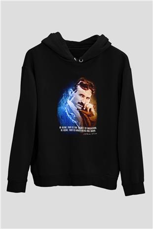 Nikola Tesla Alıntı Baskılı Unisex Siyah Kapüşonlu Sweatshirt